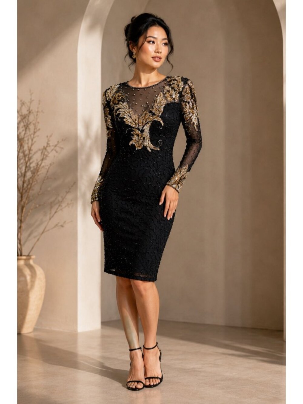 Nightline Vintage Silk Beaded Sequin Cocktail Dress Black Gold Size 10